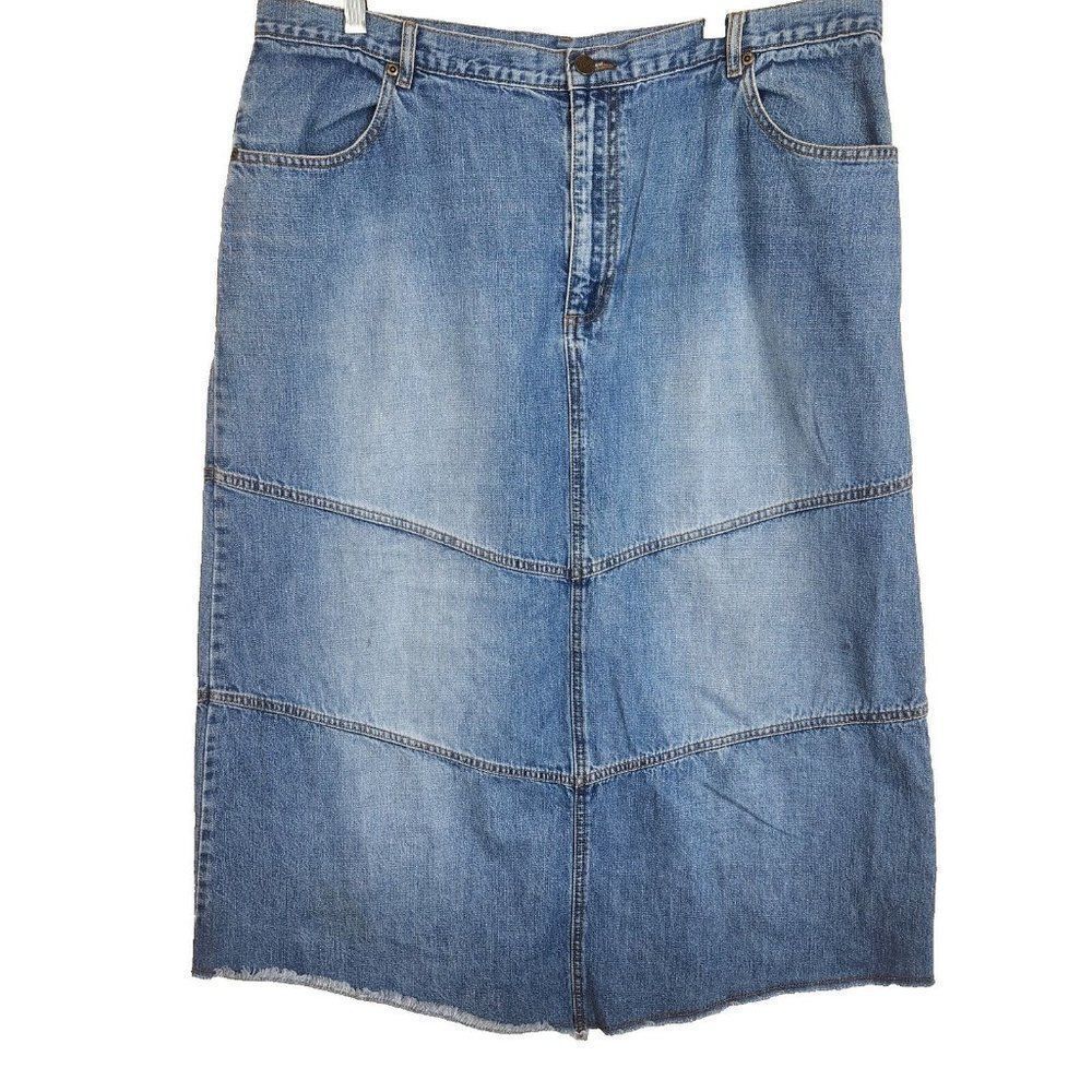 Vintage 90s 20W Blue Denim Stretch Maxi Skirt Raw Hem Country Western Grunge
